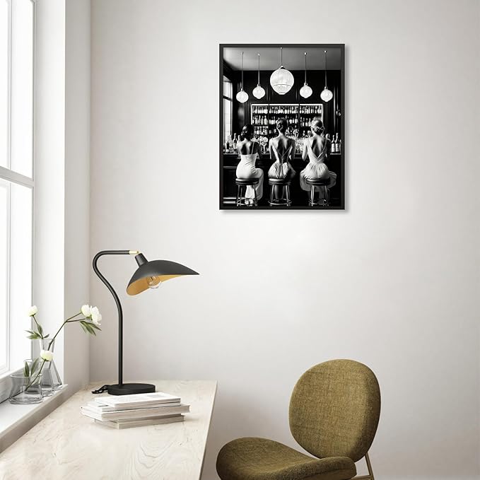 Vintage Black and White Black Framed Wall Art Trendy Women Drink Cocktail