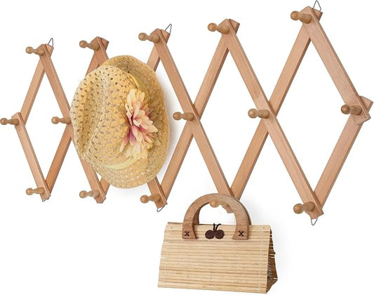 SCUNDA Wall Rack with 16 Hooks, Wooden Wall Expandable Coat Rack