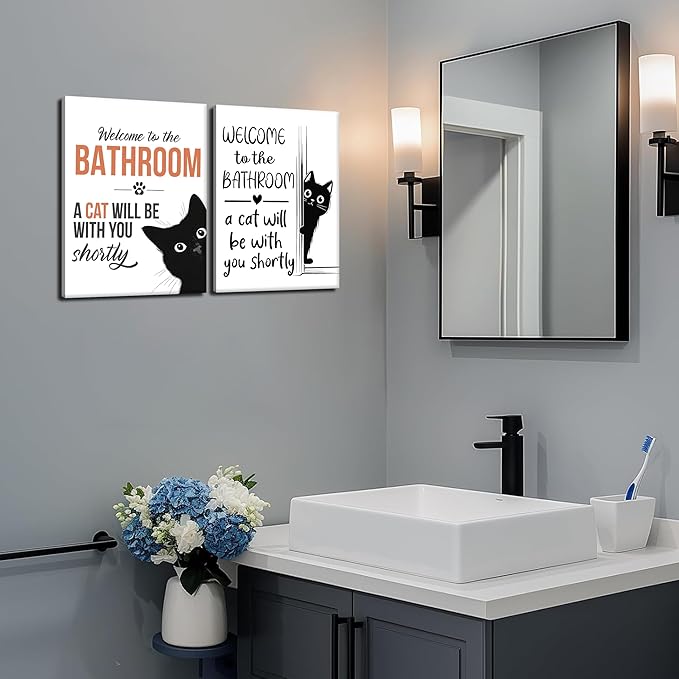 MUWAK Funny Welcome to the Bathroom Slogan Wall Art Set of 2 – Cat will Be