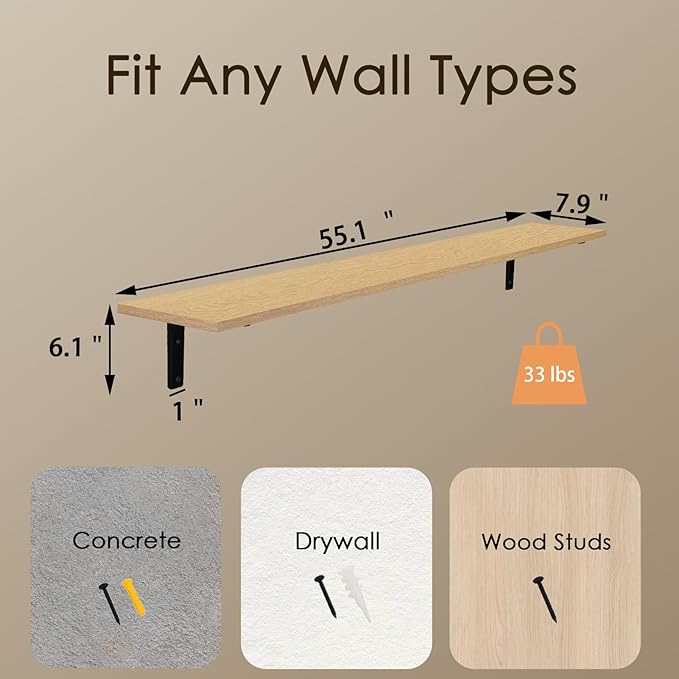 DINZI LVJ Long Wall Shelves, 55.1Inch Wall Mounted Shelves Set of 2, Extra