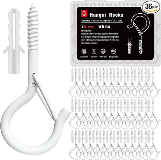 36 Pack White Screw Hooks with Safety Buckle - 2.3 Inch Rustproof Eye Ceiling Hooks for Hanging Plants,Outdoor String Lights,Baskets,Christmas Lights & Decor,40lb Capacity (36, White)