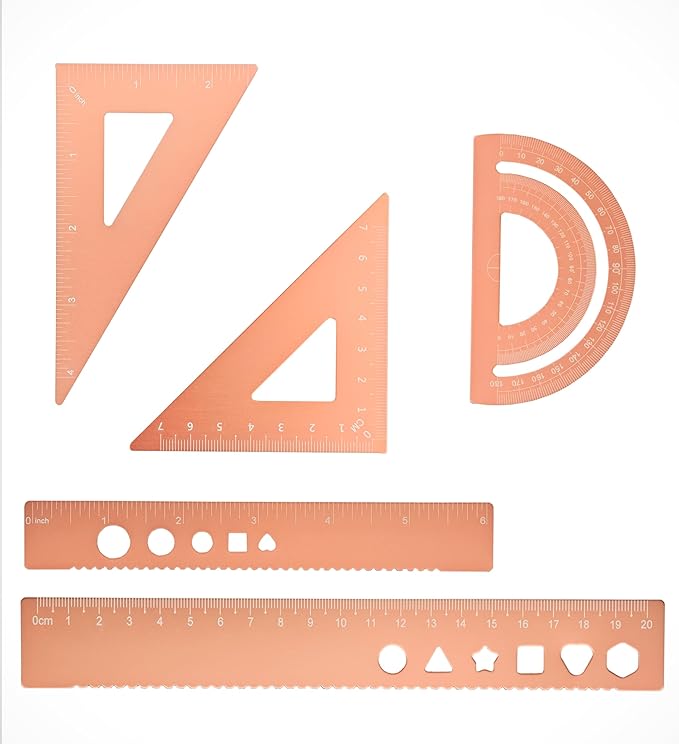 Zotemo 5 Pcs Metal Geometry Set, Math Drafting Ruler Kit- Aluminum Triangle Rulers, Protractor, 8 Inch and 6 Inch Drawing Ruler, Measuring Tool for School and Office (Metric and Inch, Gold)