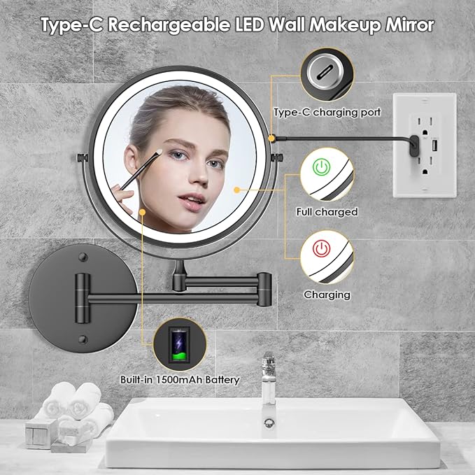Rocollos Rechargeable Wall Mounted Lighted Makeup Mirror, 8 Inch Double-Sided