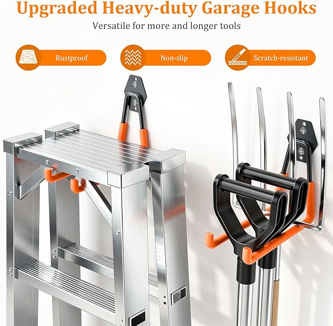 Housolution Steel Garage Hooks - 30Pack Anti-Slip Coating, Heavy Duty Wall Mount Hooks for Bikes, Garden Tools, Ladders, Hose, Bulk Items Ropes, Garage Tool Organizer with Extension Cord Wrap, Orange