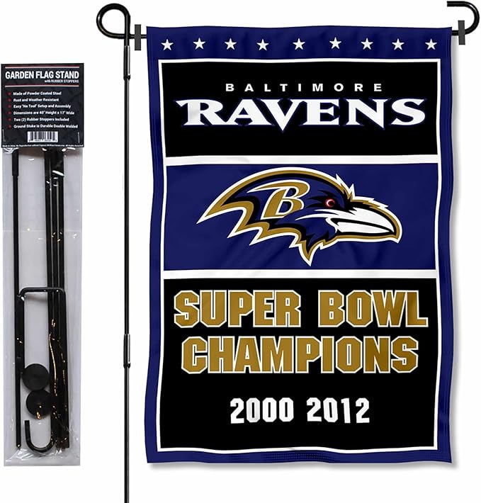 WinCraft Baltimore Ravens 3 Time Champions Garden Flag and Pole Stand Holder