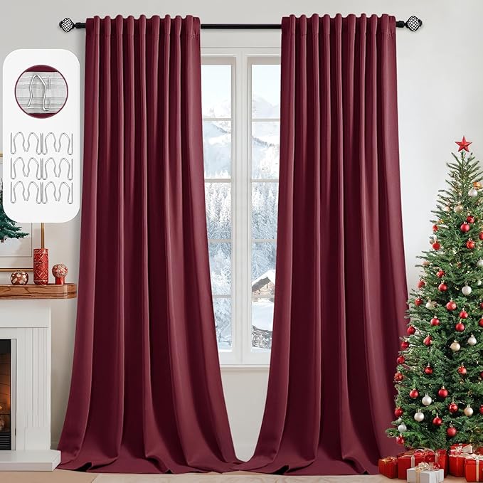 MIULEE Christmas Wine Red Back Tab Blackout Curtain 96 Inch Long 2 Panels Set