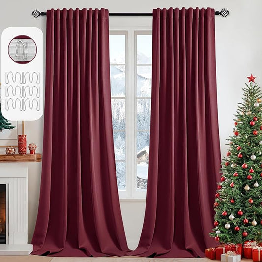 MIULEE Christmas Wine Red Back Tab Blackout Curtain 96 Inch Long 2 Panels Set