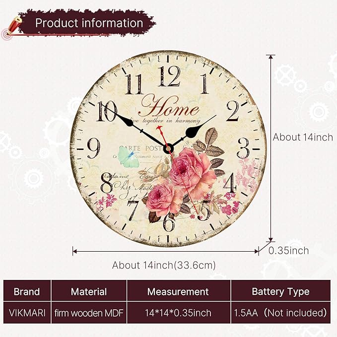 VIKMARI 14 Inch Wooden Wall Clock Art Hanging Clocks Silent Non-Ticking Wall