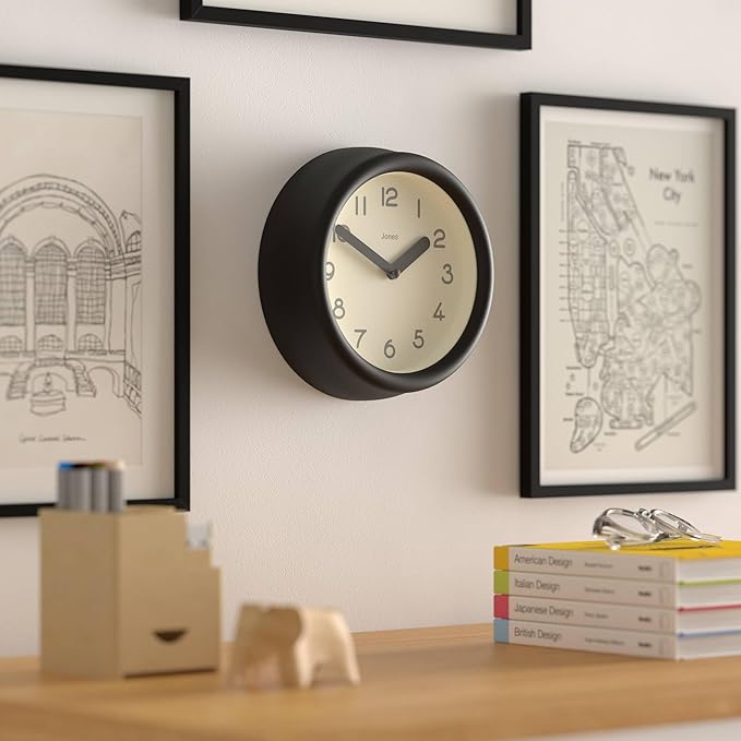 JONES CLOCKS® Fuze wall Clock | Small Round Clock | Black | Playful Modern