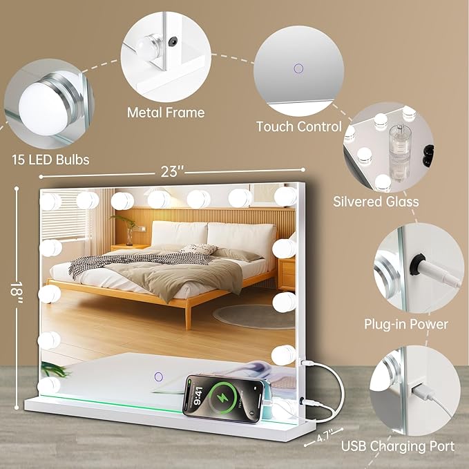 Hollywood Vanity Mirror with Lights, 15 Led Bulbs, 3 Lighting Modes