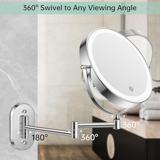 FUNTOUCH 2500mAh Rechargeable Wall Mounted Lighted Makeup Vanity Mirror 8 Inch