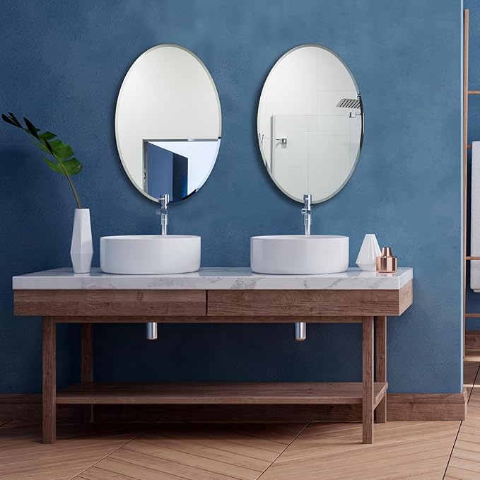 Bathroom Mirror for Over Sink, Oval Frameless Mirror, Beveled Polished Wall