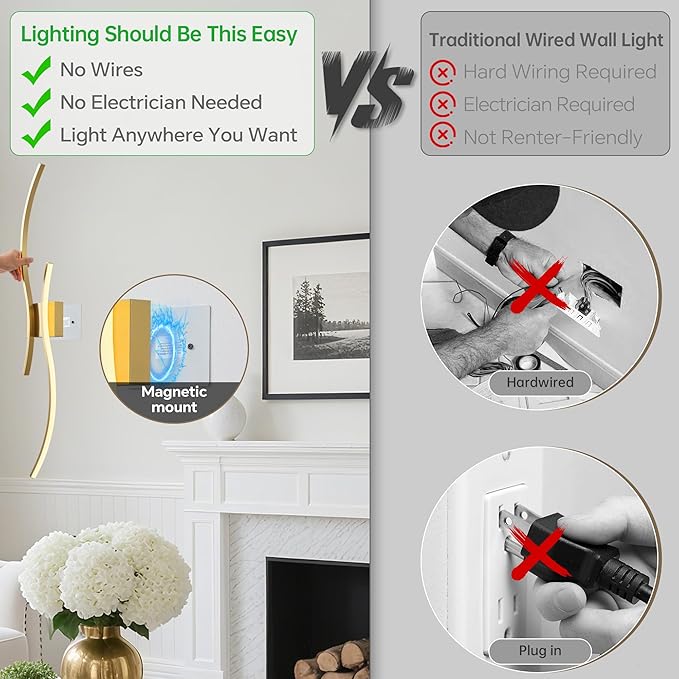 Battery Operated Wall Sconce Set of Two, Dimmable Modern LED Rechargeable Wall