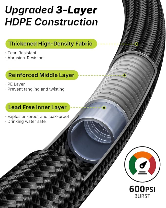 Garden Hose, Flexible Ultra Lightweight Durable, Kink-Free Water Hose with 10 Function Sprayer - Non-Shrinking, Easy to Store, All-Weather, High-Pressure, Black (100 FT)