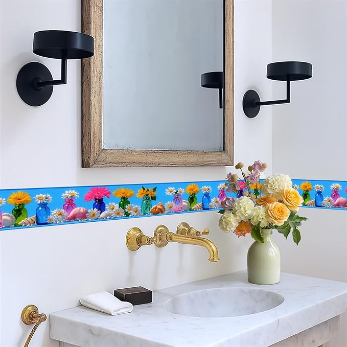 Wildflower Vase Wallpaper Border 196x4 Inch Removable Wall Border Peel and