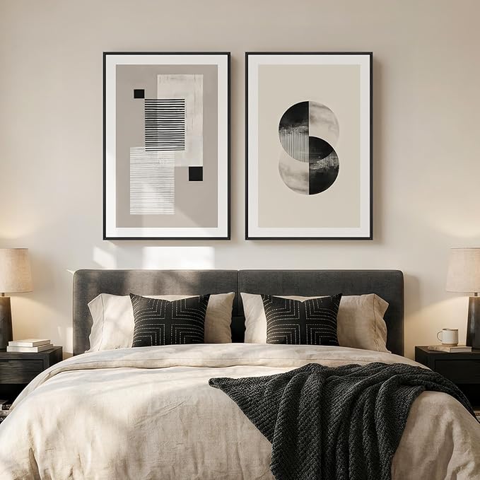 Large Framed Black and White Neutral Abstract Wall Art