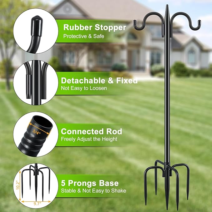 Gtongoko Bird Feeder Pole for Outdoors Heavy Duty, 2 Pack 92 Inch Double Shepherds Hook with 5-Prong Stable Base, 3/4 Inch Thick Hummingbird Feeder Stand for Hanging Plants, Lanterns