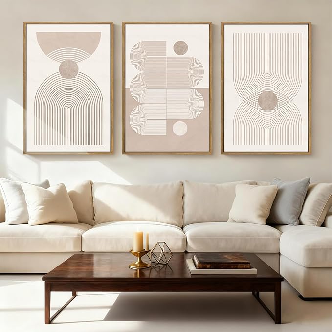 Anyzal Large Boho Framed Wall Art 16x24 Inch Beige Neutral Minimalist Canvas Pink Abstract Modern Geometric Artwork for Living Room Bedroom Dining room Set of 3