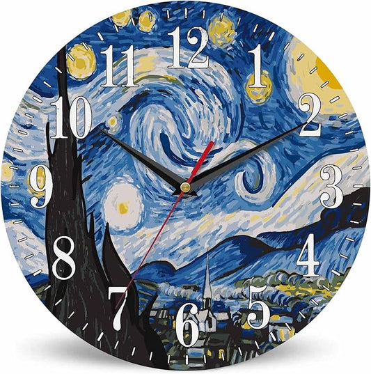 Mxocom The Starry Night Wall Clock Art Oil Painting Moon Mountain Village Van