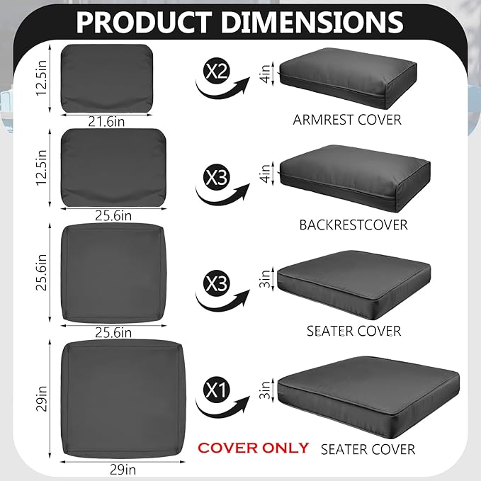 9 Piece Outdoor Patio Waterproof Cushion Covers, Fits 4-Seat Wicker Rattan Sectional Couch Chair Furniture Cover Replacement Set - Fade-Resistant Patio Cushion Covers with Zipper (Cover Only)