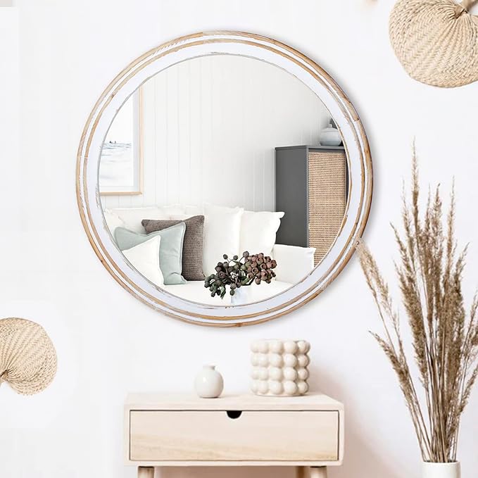 Reflinto 30 Inch Rustic Farmhouse Wooden Round Mirrors