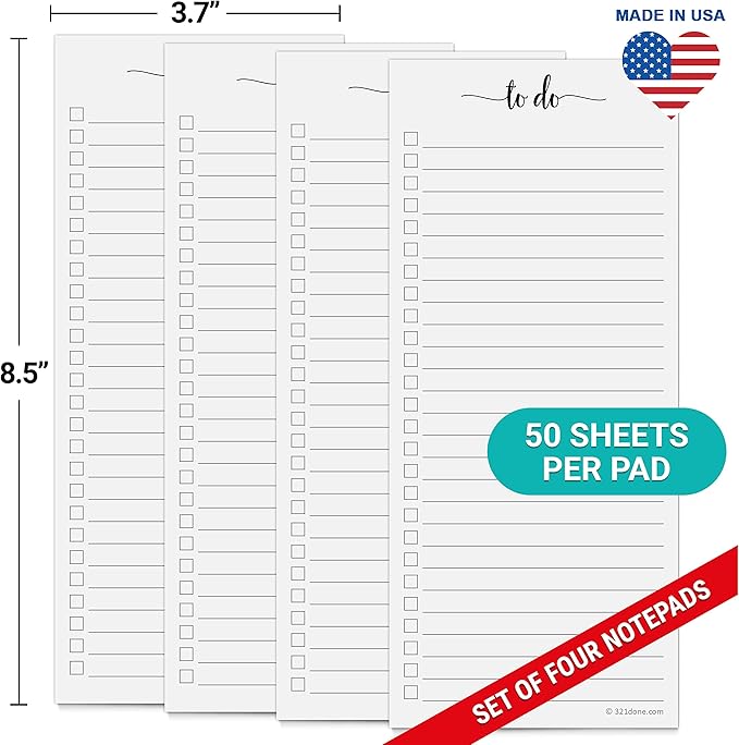 321Done To Do List Notepad 4-Pack, 3.7 x 8.5 (1/3 Sheet Slim Handheld Size) - Made in USA, Simple Stylish To-Dos Memo Pad for Planning, Tasks, Appointments, Reminders, Home, Office - College-Ruled