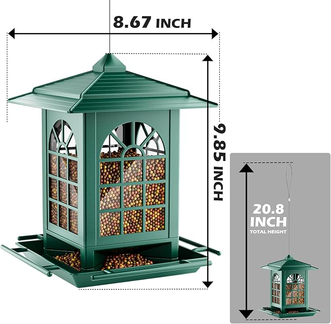 Birdream Bird Feeders for Outdoor Hanging, Assembly Required, 1-Min Easy Setup, Classic Courtyard Design, Attracting Cardinals Chickadees Goldfinches & Sparrows - Green
