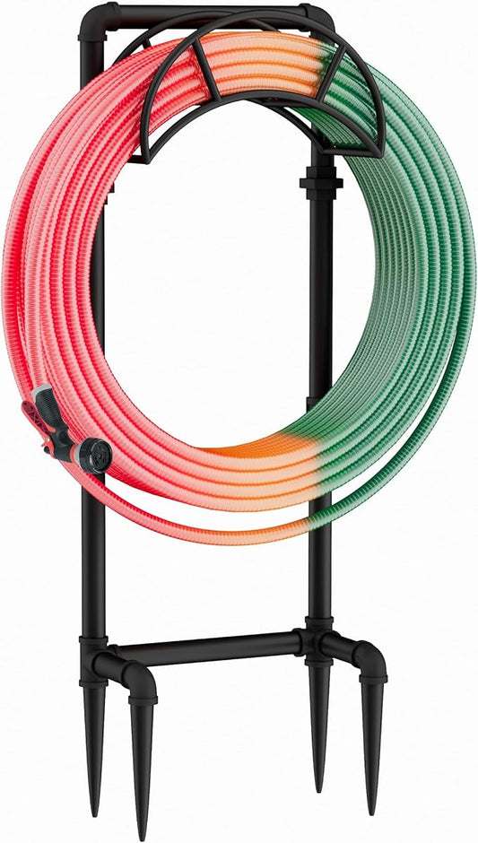LANDÂ·VOI Freestanding Garden Water Hose Storage Holder Stand for Outside, 160-Ft Hose Heavy Duty Metal Hanger Reel Organizer Outdoor Yard Lawn, Standing Keeper Rack with Ground Stake, Black GHH02B