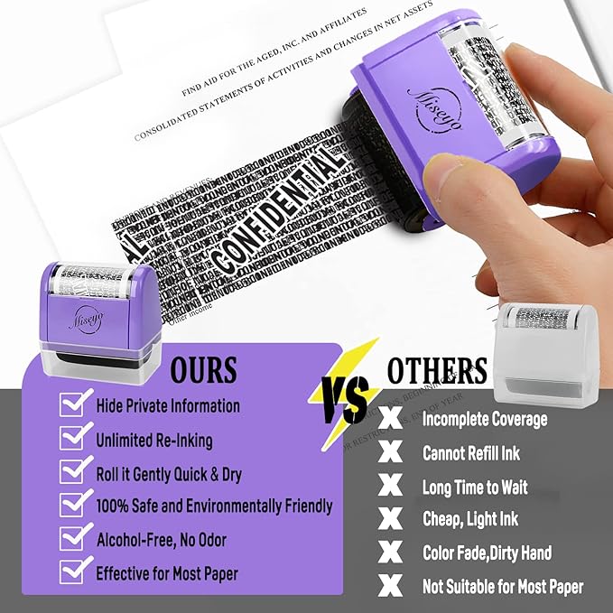 Miseyo Identity Theft Protection Roller Stamp Set - Purple (6 Refill Ink Incleded)