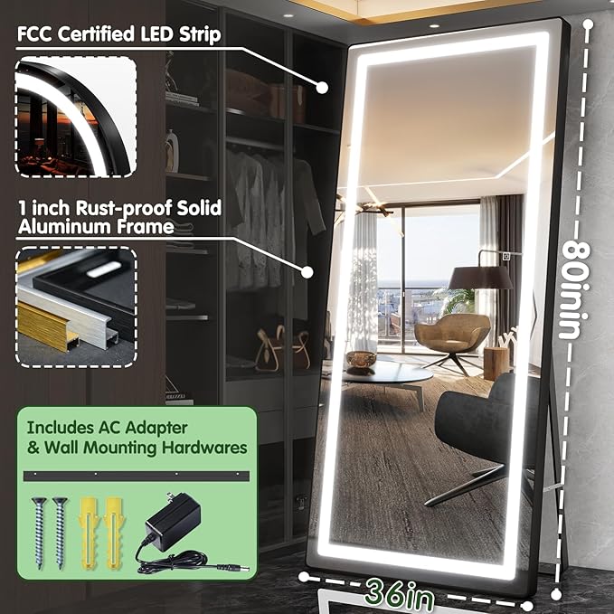 FENNIO Full Length Mirror with Lights, Wall Mounted Hanging Mirror with Lights
