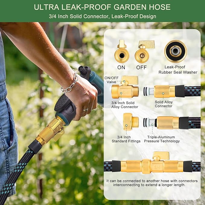 Garden Hose Non-Expandable 100 ft, Lightweight Flexible Water Hose with 10 Function Spray Nozzle, Outdoor Leak Proof, Kink-Free, Portable Hose for Yard, Lawn, Camper, High-Density Fabric, Black Blue
