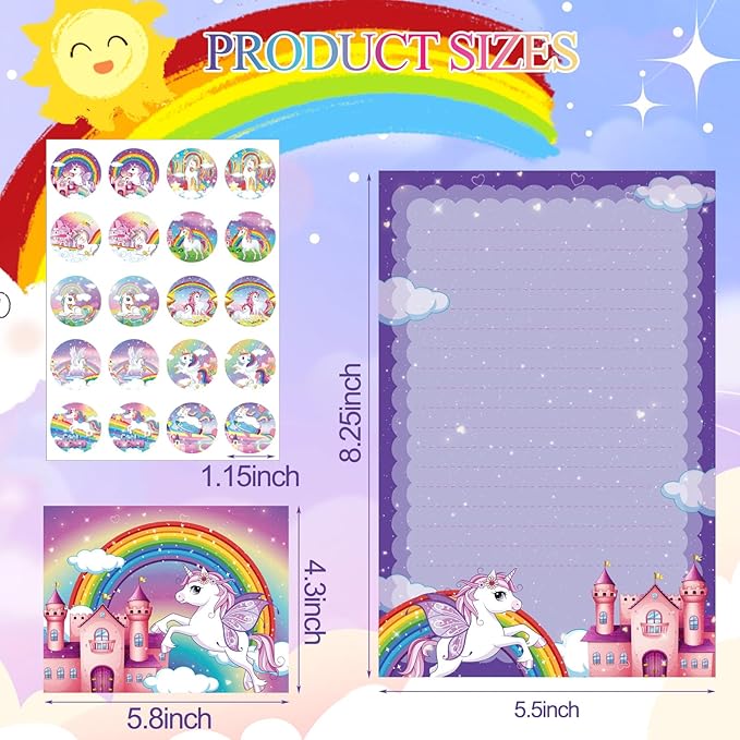 TaoBary 160 Pcs Stationery Paper Set 50 Double Sided Stationery Papers with 50 Matching Envelopes and 60 Round Dot Sticker, 10 Design(Unicorn,5.5 x 8.25 Inch)