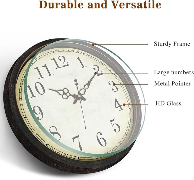 Geevon Vintage Brown Wall Clock, Silent 16" Non Ticking Wall Clock Battery
