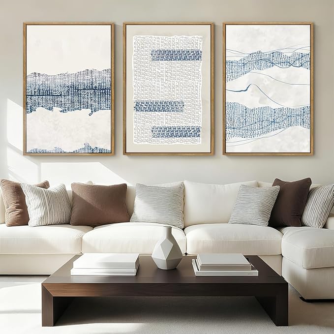 IARTTOP Large Blue Coastal Framed Wall Art 16x24 Inch White Abstract Boho Art Prints Minimalist Modern Artworks for Living Room Bedroom Dining Room Set of 3