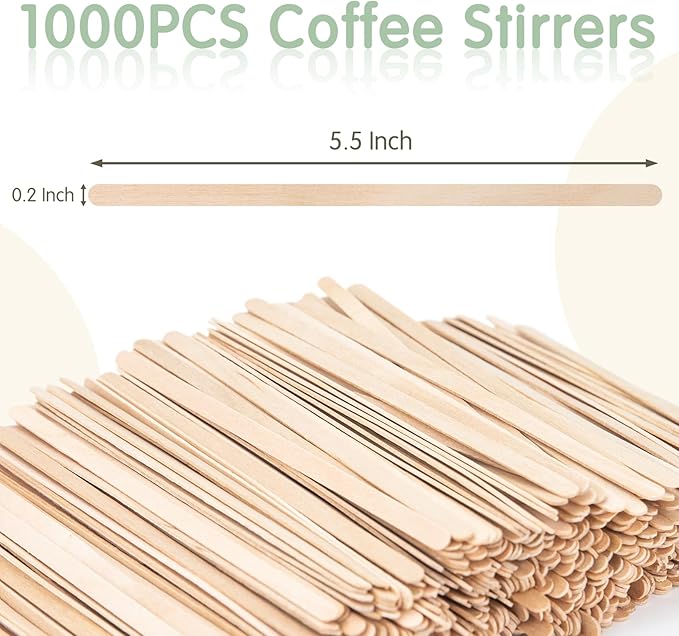 WISYOK 1000 PCS Coffee Stirrers, 5.5 Inch Premium Birch Wood Sticks, Smooth Round Ends, Splinter-Free Disposable Stir Sticks for Coffee, Cocktails, Office, Home, Coffee Bars