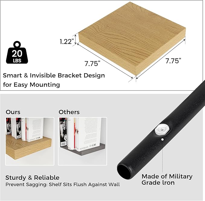 Square Floating Shelves for Wall 8"W x 8"D x 1.2"H, Small Engineered Wood Wall