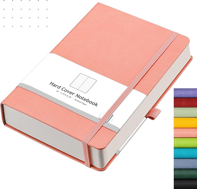 AHGXG Bullet Dotted Journal - 320 Numbered Pages Dot Grid Notebook A5 Thick Journal, 100gsm Thick Dotted Paper, Leather Hardcover,Inner Pocket, 5.75'' × 8.38'' - Pink