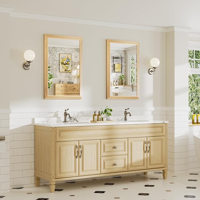 24x36 Inch Bathroom Mirror for Wall, Anti-Rust Oak Wood Grain Metal Framed
