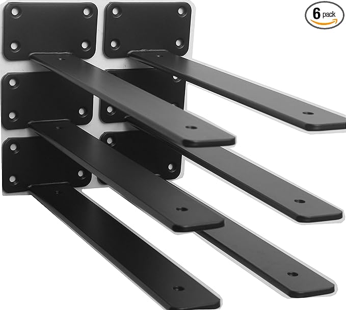 6 Pack - 10 inch Black Hidden L Shelf Bracket Iron Floating Shelf Brackets