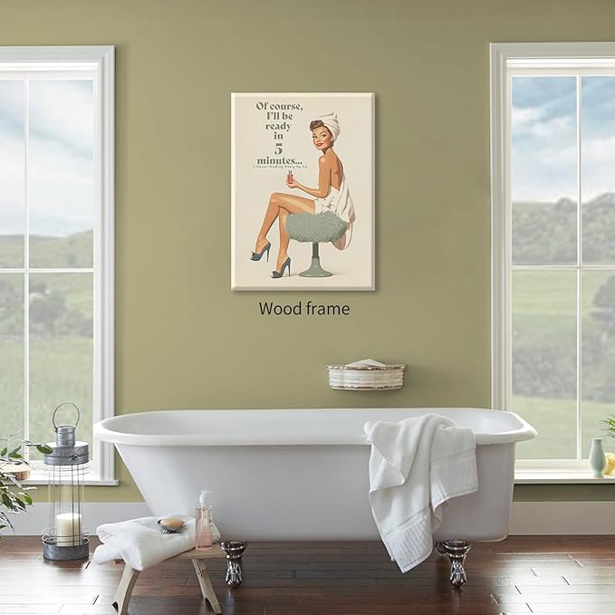 Boho Sage Green Bathroom Poster Vintage 70s Pin Up Girl Wall Art 24X36 inch