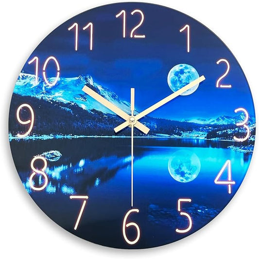 Blue Wall Clock for Bedroom 12 Inch Natural Landscape Round Analog Clock