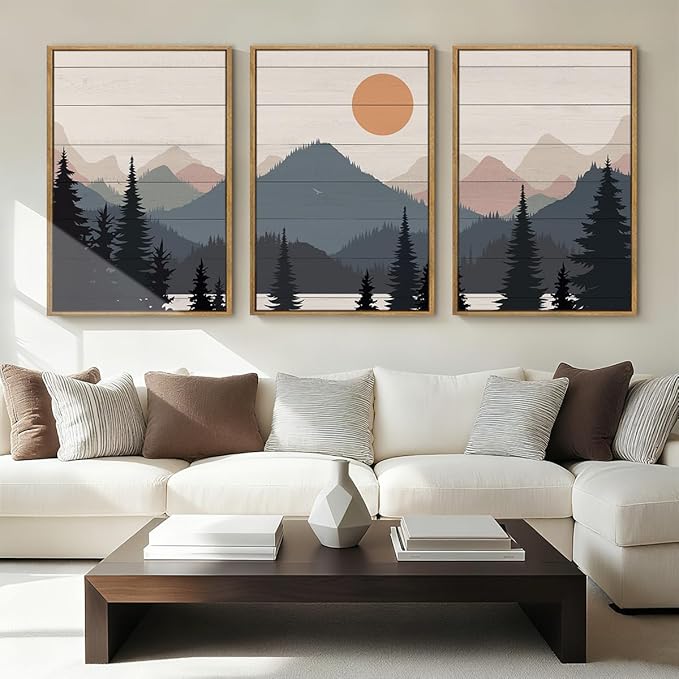 Anyzal Large Boho Mountain Framed Wall Art 16x24 Inch Abstract Lake Landscape Canvas Wall Decor Modern Forest Sunrise Artwork for Bedroom Living Room Office Set of 3