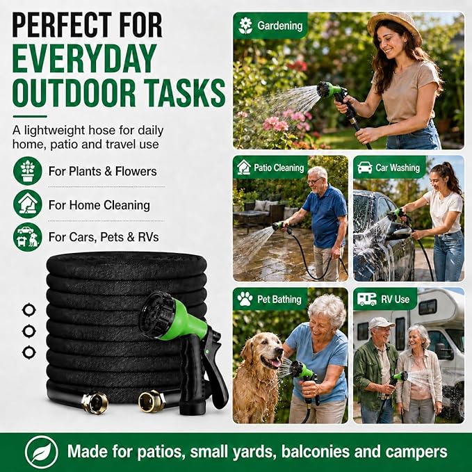 100FT Lightweight Flat Garden Hose for Women & Seniors, Non-Expandable Water Hose with 10-Pattern Spray Nozzle, Easy Storage No-Kink Hose for RV, Patio, Small Backyard, Car Wash & Everyday Watering