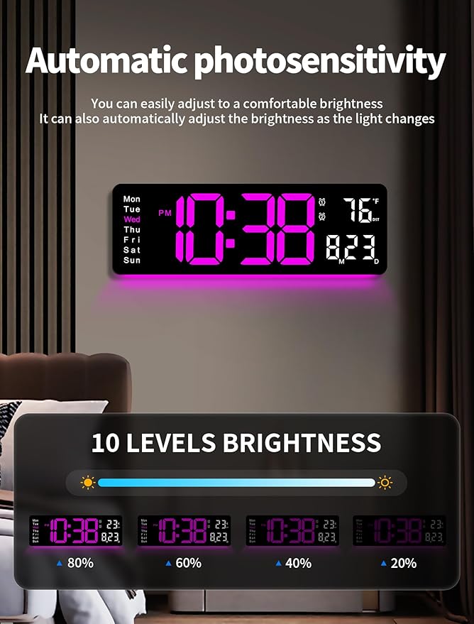 MASHI Digital Wall Clock, Auto-Dimming Wall Clock