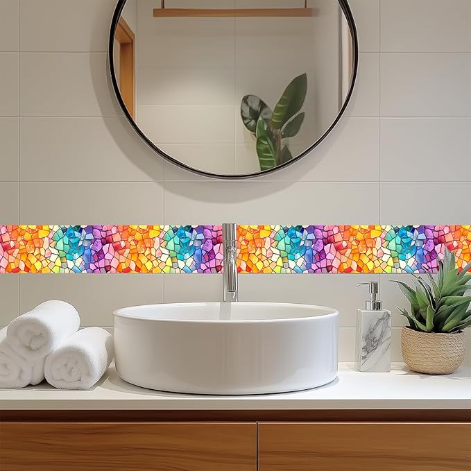 HOMETITUTE Wallpaper Border Peel and Stick Wall Border Rainbow Mosaic Glass