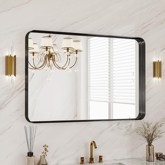 40X30 Inch Black Metal Framed Bathroom Mirror
