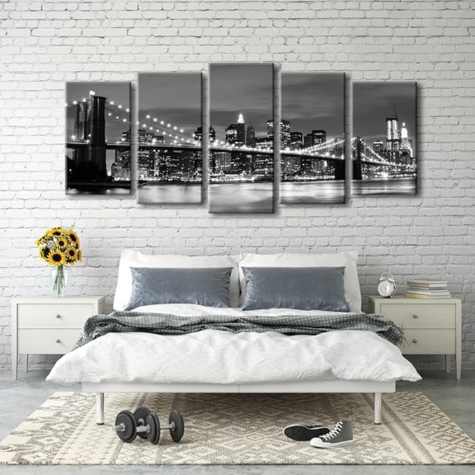 Wieco Art Large Brooklyn Bridge Night View Modern Giclee Canvas Prints Artwork