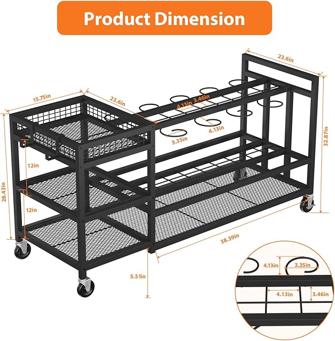 HavenlyYouth Garden Tool Organizer with Wheels-Movable Garden Tool Rack with Storage Hooks for Long-Handled Tools/Rakes/Brooms/Shovels,Heavy Duty Metal Garden Tool Storage for Garage,Shed,Garden,Black