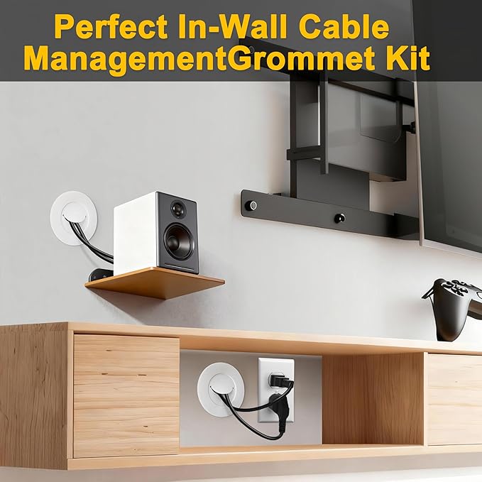 ZhiYo in-Wall Cable Management Kit for TV, White TV Cord Hider Kit, Behind Wall Cable Management for Mounted TVs, Cord Concealer Kits with 2 Wire Pass Throughs and 1 Hole Saw Drill Attachmen