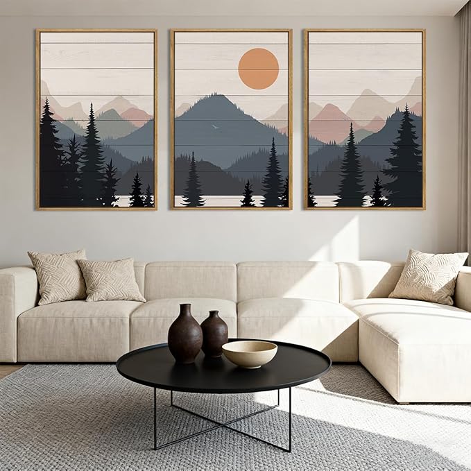 Anyzal Large Boho Mountain Framed Wall Art 16x24 Inch Abstract Lake Landscape Canvas Wall Decor Modern Forest Sunrise Artwork for Bedroom Living Room Office Set of 3